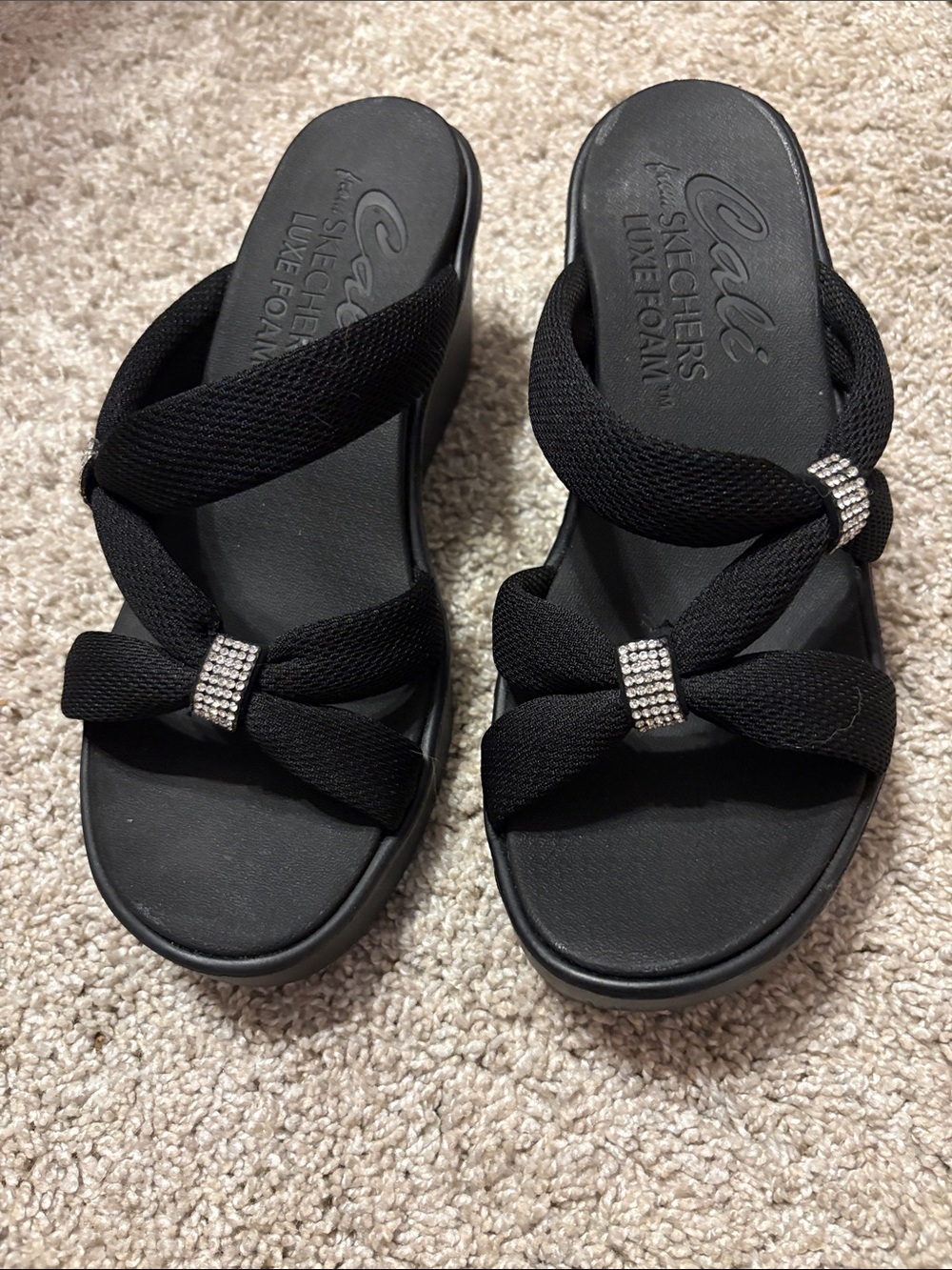 Skechers Women's Black Slide Sandals with Bow and Rhinestone Accents